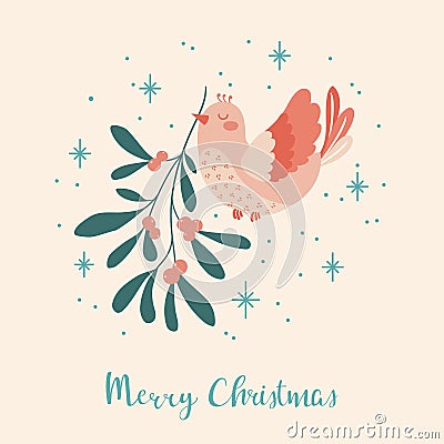 Bird with mistletoe branch Vector Illustration